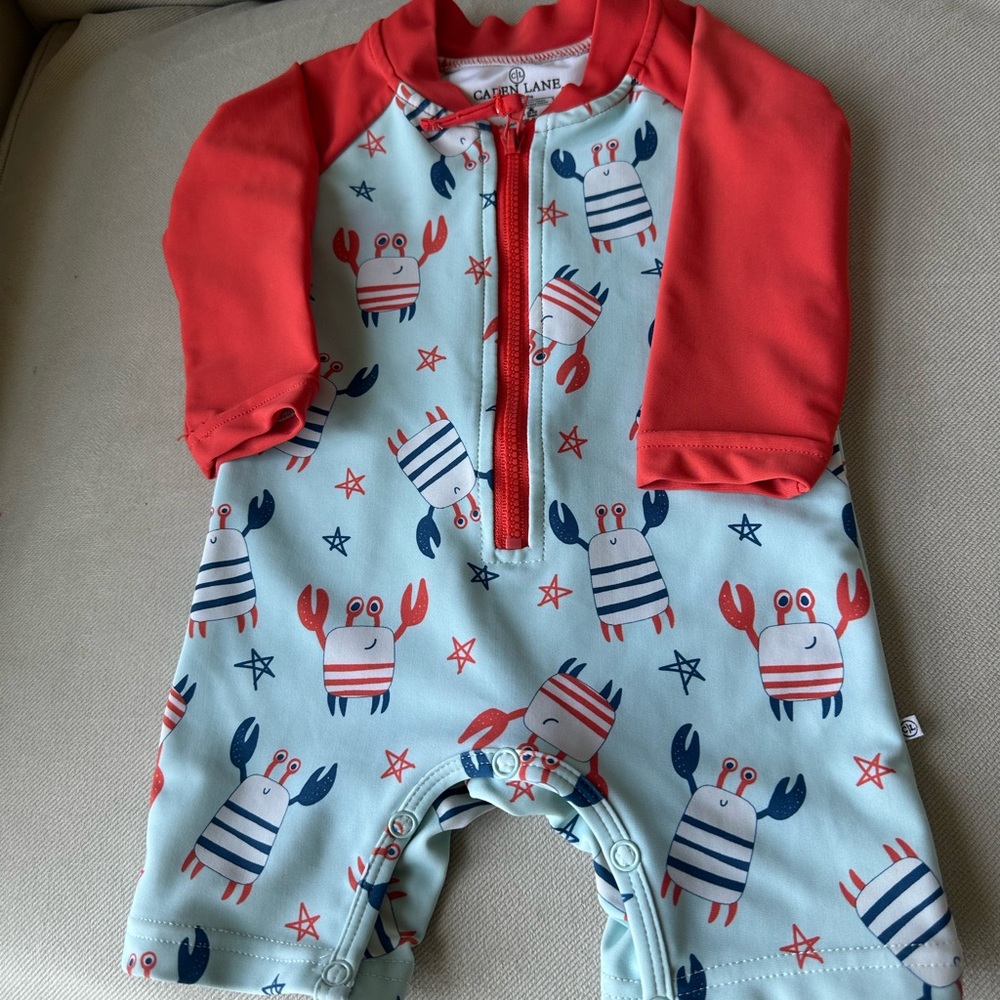 Caden Lane Kids Crab Print Bodysuit - Red and Blue Crab Rashguard